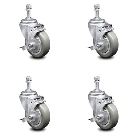 Service Caster 4 Inch Gray Polyurethane Swivel 3/8 Inch Threaded Stem Caster Set with Brake SCC SCC-TS20S414-PPUB-TLB-381615-4